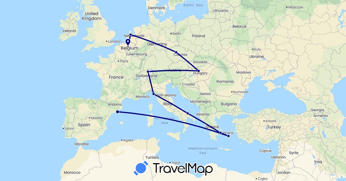 TravelMap itinerary: driving in Belgium, Switzerland, Czech Republic, Spain, Greece, Hungary, Italy, Netherlands (Europe)